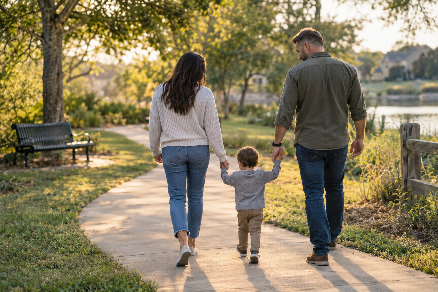 A family in everyday clothes walking together through a sunlit park
